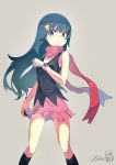  1girl blue_eyes blue_hair closed_mouth dress hair_ornament hikari_(pokemon) long_hair looking_at_viewer poke_ball poke_ball_(generic) pokemon pokemon_(game) pokemon_dppt scarf simple_background solo vialize 