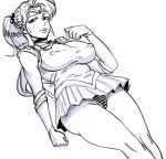  1girl bb_(baalbuddy) bishoujo_senshi_sailor_moon bow bowtie breasts chest_jewel choker circlet covered_nipples dutch_angle elbow_gloves feet_out_of_frame gloves greyscale hair_bobbles hair_ornament hand_up kino_makoto large_breasts looking_at_viewer mature miniskirt monochrome older panties pantyshot pantyshot_(standing) parted_lips ponytail sailor_jupiter simple_background skirt solo standing striped striped_panties sweatdrop underwear white_background 