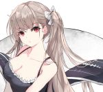 1girl azur_lane bare_shoulders black_shirt bow breasts camisole cleavage collarbone commentary flight_deck formidable_(azur_lane) frills grey_hair hair_bow liaowen long_hair looking_at_viewer medium_breasts red_eyes shirt sleeveless sleeveless_shirt solo spaghetti_strap twintails upper_body 