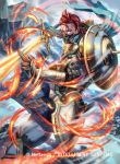  1boy alternate_costume belt boots fire fire_emblem fire_emblem_cipher fire_emblem_fates gloves kuroba.k mask mountain official_art red_eyes red_hair saizo_(fire_emblem) scar shield solo sword weapon 