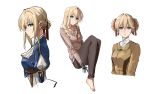  1girl bangs barefoot blonde_hair blue_eyes braid braided_bun brown_jacket brown_pants casual closed_mouth collarbone cropped_torso double_bun dress_shirt eyebrows_visible_through_hair full_body gou_d grey_sweater hair_between_eyes hair_ribbon highres jacket long_hair long_sleeves looking_at_viewer multiple_views open_mouth pants prosthetic_hand red_ribbon ribbed_sweater ribbon shiny shiny_hair shirt sweater tied_hair turtleneck twin_braids violet_evergarden violet_evergarden_(character) white_neckwear white_shirt 