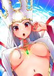  1girl :o blue_sky blush breasts breasts_apart commentary_request dousunnen dress_of_heaven dutch_angle fate/grand_order fate_(series) from_below highres irisviel_von_einzbern large_breasts long_hair looking_at_viewer looking_down no_bra red_eyes silver_hair sky solo underboob upper_body white_headwear 