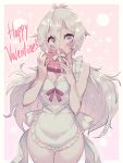  1girl apron blue_eyes blush box breasts cleavage collarbone eyebrows_visible_through_hair gift happy_valentine heart-shaped_box holding holding_gift large_breasts long_hair looking_at_viewer parororo solo starline valentine very_long_hair white_apron white_hair 