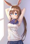  1girl amiya_(arknights) animal_ears arknights armpits arms_behind_back arms_up bangs bare_shoulders blue_eyes blue_neckwear blue_skirt blush breasts brown_hair bunny_ears commentary_request hair_between_eyes hair_tie_in_mouth highres long_hair looking_at_viewer mouth_hold ponytail ribbed_shirt shirt skirt sleeveless sleeveless_shirt small_breasts smile solo tying_hair upper_body very_long_hair white_shirt yuetsu 