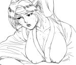  1girl bangs bb_(baalbuddy) breasts cleavage covered_nipples greyscale headband large_breasts monochrome parted_bangs parted_lips ponytail ryuuko_no_ken simple_background solo sweat sweating_profusely the_king_of_fighters toudou_kasumi upper_body white_background 