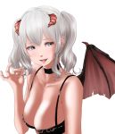  1girl black_bra blue_eyes blush bra breasts demon_girl demon_horns demon_wings highres horns kantai_collection kashima_(kantai_collection) large_breasts long_hair looking_at_viewer open_mouth sidelocks silver_hair smile solo succubus tama_(seiga46239239) twintails underwear wavy_hair wings 