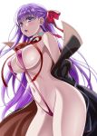  1girl bb_(fate)_(all) bb_(fate/extra_ccc) breasts commentary_request covered_nipples fate/extra fate/extra_ccc fate_(series) hair_ribbon highres large_breasts long_hair navel open_mouth purple_eyes purple_hair red_ribbon ribbon simple_background sirano slingshot slingshot_swimsuit solo swimsuit white_background 
