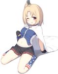  1girl ;q american_flag american_flag_legwear american_flag_print anchor_symbol arm_support azur_lane bangs black_gloves black_skirt blonde_hair blue_jacket blue_legwear blue_shirt blush breasts cape commentary_request eyebrows_visible_through_hair fingerless_gloves flag_print full_body gloves groin hair_ornament highres jacket jacket_lift little_cleveland_(azur_lane) looking_at_viewer midriff miniskirt multicolored multicolored_clothes multicolored_legwear navel no_shoes olive_(laai) one_eye_closed one_side_up parted_bangs red_eyes shadow shirt short_sleeves sidelocks simple_background sitting skirt small_breasts smile socks solo star star_print tongue tongue_out wariza white_background white_cape younger 