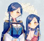  2girls :3 blue_hair blush brown_eyes capelet cloak closed_mouth earrings eyebrows_visible_through_hair hair_bun honzuki_no_gekokujou jewelry long_hair looking_at_viewer multiple_girls necklace rinndouk short_hair smile 