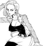  1girl android_18 bb_(baalbuddy) belt breasts cleavage closed_mouth collared_jacket covered_nipples dragon_ball dragon_ball_z earrings greyscale hand_up hoop_earrings jacket jewelry large_breasts long_sleeves looking_at_viewer monochrome open_clothes open_jacket pencil_skirt shirt short_hair simple_background sitting skirt solo white_background 