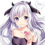  1girl absurdres bangs bare_shoulders blush breasts cleavage closed_mouth collarbone demon_girl demon_horns food highres holding holding_food horns huge_filesize long_hair looking_at_viewer macaron original purple_eyes silver_hair simple_background smile solo strapless upper_body white_background white_hair yaya_chan 