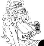  1girl =_= bare_shoulders baseball_cap bb_(baalbuddy) big_hair blush breasts cleavage closed_eyes closed_mouth clothes_writing greyscale hair_between_eyes hat headwear_writing holding horns horns_through_headwear huge_breasts kobayashi-san_chi_no_maidragon long_hair make_america_great_again monochrome pantyhose parody quetzalcoatl_(maidragon) short_shorts shorts simple_background sitting smile solo tank_top white_background 