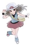  1girl bag blue_(pokemon) breasts brown_hair closed_mouth hat highres long_hair looking_at_viewer messenger_bag minapo pokemon pokemon_(game) pokemon_frlg porkpie_hat red_skirt shirt shoulder_bag simple_background skirt sleeveless sleeveless_shirt solo white_background 