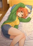  1girl :o araki_hina blue_shorts bookshelf breasts brown_eyes brown_hair denim denim_shorts feet_out_of_frame glasses green_jacket hida_tatsuo idolmaster idolmaster_cinderella_girls indoors jacket large_breasts looking_at_viewer lying medium_hair on_bed on_side paper pen pillow shirt shorts yellow_shirt 