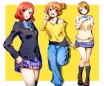  3girls bare_shoulders blazer blue_neckwear blue_pants blue_skirt bow bowtie brown_footwear brown_hair eyebrows_visible_through_hair full_body hand_up highres hoshizora_rin jacket koizumi_hanayo long_sleeves looking_at_viewer love_live! love_live!_school_idol_project multiple_girls nakano_maru nishikino_maki open_mouth orange_hair pants plaid plaid_skirt purple_eyes red_eyes red_hair school_uniform shoes short_hair short_sleeves side_ponytail simple_background skirt smile socks standing v yellow_background 