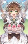  3girls blush breasts brown_hair castle cupcake dragalia_lost eyebrows_visible_through_hair food gebyy-terar green_eyes highres holding holding_tray large_breasts long_sleeves looking_at_viewer messy_hair multiple_girls open_mouth puffy_long_sleeves puffy_sleeves short_hair smile tomboy tray twitter_username upper_teeth 