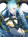  +_+ 1girl bangs bk201 braid breasts cleavage curled_horns fate/grand_order fate_(series) gloves highres horns long_hair long_horns looking_at_viewer navel pointy_ears solo stomach_tattoo striped striped_gloves symbol-shaped_pupils tattoo thighs tiamat_(fate/grand_order) vertical-striped_gloves 