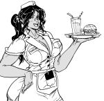  1girl :d apron bb_(baalbuddy) blush breasts cleavage contrapposto cowboy_shot cup dark_skin drinking_glass drinking_straw fangs food greyscale hamburger hand_up highres holding holding_tray large_breasts looking_at_viewer monochrome name_tag notepad open_mouth orc original ponytail short_sleeves simple_background smile solo tray waitress white_background 