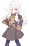  1girl blue_legwear book fire_emblem fire_emblem:_three_houses garreg_mach_monastery_uniform holding holding_book long_hair long_sleeves lysithea_von_ordelia open_mouth pink_eyes simple_background solo teu_(navy) uniform white_background white_hair 