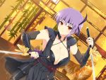  1girl armor ayane_(doa) breasts cleavage closed_mouth collarbone crossover dead_or_alive dual_wielding gauntlets glint headband holding holding_sword holding_weapon indoors japanese_clothes large_breasts official_art purple_hair red_eyes senran_kagura senran_kagura_new_link shin_guards short_hair solo sword weapon yaegashi_nan 