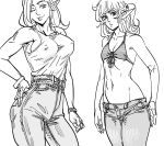  2girls bb_(baalbuddy) belt bikini_top closed_mouth covered_nipples denim elf flat_chest freckles greyscale hand_on_hip high-waist_pants highres jeans looking_at_viewer monochrome multiple_girls no_bra one_eye_closed original pants pointy_ears ponytail shirt smile watch wristband wristwatch 