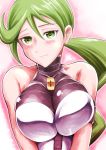  1girl blush breasts cleavage closed_mouth green_hair highres large_breasts long_hair looking_at_viewer mitsumi_(pokemon) pokemon pokemon_dp_(manga) ponytail team_galactic team_galactic_uniform uniform 