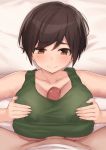  1boy 1girl bangs bare_shoulders bed_sheet between_breasts black_hair blush bottomless boy_on_top breast_squeeze breasts brown_eyes cccpo censored closed_mouth collarbone covered_nipples eyebrows_visible_through_hair heterochromia highres large_breasts lying mosaic_censoring on_back original paizuri paizuri_under_clothes penis pov shirt short_hair smile sweat tank_top upper_body white_shirt 