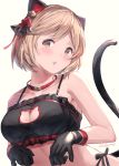  1girl animal_ears bare_arms bare_shoulders beige_background black_bra black_gloves black_panties blush bra breasts brown_eyes brown_hair cat_cutout cat_ears cat_girl cat_lingerie cat_tail cleavage_cutout collar collarbone commentary_request djeeta_(granblue_fantasy) frilled_bra frills gloves granblue_fantasy highres looking_at_viewer medium_breasts meme_attire milli_little panties parted_lips red_collar short_hair side-tie_panties simple_background solo tail tail_raised underwear upper_body 