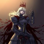  1girl arm_up armor armored_dress artoria_pendragon_(all) blonde_hair blood breastplate crown dark_excalibur fate/grand_order fate_(series) gauntlets pauldrons planted_sword planted_weapon saber_alter saber_ruri solo sword weapon yellow_eyes 