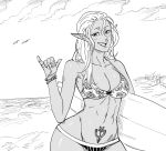  1girl :d bare_shoulders bb_(baalbuddy) bikini bird blush bracelet breasts cleavage cloud contrapposto cowboy_shot dark_elf day elf fingernails greyscale highres holding_surfboard horizon jewelry long_hair looking_at_viewer mismatched_bikini monochrome ocean open_mouth original outdoors pinky_out pointy_ears pubic_tattoo shaka_sign smile solo standing surfboard swimsuit tattoo 