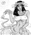  1girl :d abs bare_shoulders bb_(baalbuddy) beltbra breasts covered_nipples dark_skin demon_girl demon_tail fang flower flower_necklace grass_skirt greyscale hawaii head_wreath highres horns hula jewelry large_breasts midriff monochrome navel necklace open_mouth original skirt smile solo standing sun tail toned white_background wristband 