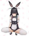  1girl animal_ears apron bangs black_hair black_panties blush bow bowtie bunny_ears detached_sleeves eyebrows_visible_through_hair flat_chest frills highres long_hair looking_at_viewer maid_apron mole mole_under_eye original panties simple_background smile solo spread_legs squatting symbol-shaped_pupils thighhighs tiptoes underwear uno_ryoku white_background white_legwear 