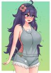  1girl @_@ absurdres ahoge al_bhed_eyes alternate_breast_size blush breasts collarbone cosplay fang flower hair_flower hair_ornament hairband hex_maniac_(pokemon) highres large_breasts long_hair mao_(pokemon) mao_(pokemon)_(cosplay) messy_hair open_mouth overalls pokemon purple_eyes purple_hair shorts simple_background skin_fang solo standing the_only_shoe 