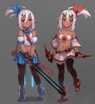  2girls ahoge bangs belt belt_buckle black_footwear black_gloves black_legwear blue_flower blue_ribbon blue_skirt boots bow breasts brown_belt buckle collarbone commentary criss-cross_halter crop_top dagger dark_elf detached_sleeves dual_wielding elf english_commentary fingerless_gloves flower gloves glowing grey_background grey_footwear hair_between_eyes hair_flower hair_ornament hair_ribbon hairclip halterneck high_heel_boots high_heels highleg highleg_panties highres holding holding_dagger holding_sword holding_weapon long_sleeves midriff miya_(pixiv15283026) multiple_girls navel original panties parted_lips pleated_skirt pointy_ears puffy_short_sleeves puffy_sleeves red_bow red_eyes red_flower red_ribbon ribbon shirt short_sleeves side_ponytail sidelocks skindentation skirt sleeveless sleeveless_shirt small_breasts smile standing standing_on_one_leg sword thighhighs thighhighs_under_boots underwear weapon white_panties white_shirt white_skirt white_sleeves 