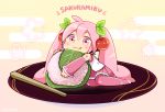  1girl :3 bare_shoulders character_name cherry_hair_ornament commentary detached_sleeves egasumi food food_themed_hair_ornament hair_ornament hatsune_miku headphones holding holding_food leaf long_hair looking_at_viewer minigirl mochi nokuhashi object_hug pink_eyes pink_hair pink_legwear pink_skirt pink_sleeves plate sakura_miku sakura_mochi shirt shoulder_tattoo skirt sleeveless sleeveless_shirt smile solo stick tattoo thighhighs tongue tongue_out twintails very_long_hair vocaloid wagashi white_shirt 