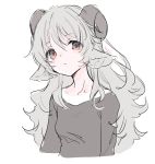  1girl :&lt; animal_ear_fluff animal_ears arms_at_sides bangs closed_mouth collarbone cropped_torso empty_eyes expressionless eyebrows_visible_through_hair grey_eyes grey_hair grey_shirt hair_between_eyes head_tilt horns long_hair long_sleeves looking_at_viewer messy_hair multicolored multicolored_eyes original red_eyes red_pupils sansaro_rii sheep_ears sheep_girl sheep_horns shirt signature simple_background sketch solo tareme upper_body very_long_hair wavy_hair white_background 