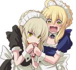  2girls :0 antenna_hair apron artoria_pendragon_(all) bangs black_bow blonde_hair blue_bow blush bow collarbone crepe detached_collar eating eyebrows_visible_through_hair fate/grand_order fate/stay_night fate_(series) food food_theft frill_trim fujitaka_nasu green_eyes grey_hair hair_bow headdress maid maid_headdress multiple_girls open_mouth saber saber_alter short_sleeves simple_background teardrop tearing_up tears white_background yellow_eyes 