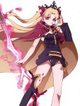  1girl asymmetrical_legwear asymmetrical_sleeves bangs between_breasts black_legwear black_leotard blonde_hair blush bow breasts cape closed_mouth detached_collar earrings ereshkigal_(fate/grand_order) fate/grand_order fate_(series) fur-trimmed_cape fur_trim gold_trim hair_bow highres hoop_earrings infinity jewelry leotard long_hair looking_at_viewer meslamtaea_(weapon) multicolored multicolored_cape multicolored_clothes necklace parted_bangs red_bow red_cape red_eyes single_sleeve single_thighhigh skull solo spine tanako_(645316096) thighhighs thighs tiara two_side_up weapon white_background yellow_cape 