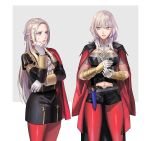  2girls alternate_color armor ashiwara_yuu black_shorts byleth_(fire_emblem) byleth_(fire_emblem)_(female) cape dagger edelgard_von_hresvelg fire_emblem fire_emblem:_three_houses garreg_mach_monastery_uniform gloves hair_ribbon long_hair long_sleeves multiple_girls navel_cutout parted_lips purple_eyes red_cape red_legwear ribbon sheath sheathed short_shorts shorts simple_background super_smash_bros. uniform weapon white_gloves white_hair 