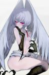  1girl areola_slip areolae blush breasts claws devilman highres long_hair looking_at_viewer navel nude purple_eyes silver_hair simple_background siren_(devilman) sitting small_breasts solo walzrj wariza 