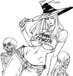  1girl bb_(baalbuddy) breasts closed_mouth crop_top denim dragon&#039;s_crown dutch_angle english_text fingernails greyscale hat head_tilt highres jeans large_breasts long_hair looking_at_viewer midriff monochrome navel one_eye_closed pants short_sleeves simple_background smile solo sorceress_(dragon&#039;s_crown) thigh_gap underboob white_background wide_hips witch_hat 