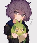  1girl bernadetta_von_varley closed_mouth company_connection crossover fire_emblem fire_emblem:_three_houses garreg_mach_monastery_uniform gen_5_pokemon grey_background grey_eyes highres holding holding_pokemon hood hood_down long_sleeves nksr_06 pokemon pokemon_(creature) purple_hair short_hair simple_background swadloon uniform upper_body 