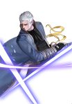  1boy ascot black_gloves black_neckwear black_shirt blue_coat coat copyright_request devil_may_cry dokomon fingerless_gloves gloves glowing grey_hair highres holding holding_sword holding_weapon katana looking_away looking_to_the_side male_focus open_clothes open_coat ribbon shirt solo sword vergil weapon white_background yellow_ribbon 