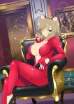  1girl animal_ears black_footwear blonde_hair bodysuit breasts card cat_ears cat_tail chair cleavage collarbone cosplay crossover fake_animal_ears finger_to_mouth gloves green_eyes haruka_(senran_kagura) highres holding holding_card index_finger_raised indoors large_breasts latex_bodysuit official_art on_chair one_eye_closed persona persona_5 red_bodysuit red_gloves senran_kagura senran_kagura_new_link shushing sitting skin_tight solo tail takamaki_anne takamaki_anne_(cosplay) unzipped yaegashi_nan 