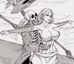  1girl bb_(baalbuddy) breasts cleavage closed_mouth dragon&#039;s_crown greyscale hat hat_removed headwear_removed highres hug hug_from_behind huge_breasts long_hair long_sleeves monochrome outstretched_arms parody pelvic_curtain skeleton smile solo sorceress_(dragon&#039;s_crown) spread_arms standing t-pose titanic 