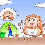  1boy 1girl barefoot blonde_hair brick brown_footwear brown_hair cloud commentary_request cosplay doma_taihei doma_umaru flying_sweatdrops giantess glasses hamster hamster_hood highres hill himouto!_umaru-chan kobayashimannga komaru long_sleeves mario mario_(cosplay) mario_(series) mushroom outdoors overalls parody pipe red_shirt scared shirt shoes speech_bubble super_mario_bros. toes 