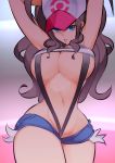  1girl adapted_costume armpits arms_up baseball_cap big_hair blue_eyes breasts brown_hair cleavage commentary_request crop_top curly_hair denim denim_shorts exposed_pocket hat high_ponytail highres large_breasts lips long_hair looking_at_viewer micro_shorts nac000 navel pokemon pokemon_(game) pokemon_bw ponytail pose puckered_lips shorts slender_waist slingshot_swimsuit solo swimsuit thick_thighs thighs touko_(pokemon) underboob 
