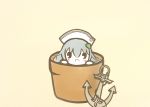  1girl anchor beige_background blush chibi flower_knight_girl flower_pot grey_hair hair_ornament hat heart heart_hair_ornament ikarisou_(flower_knight_girl) in_container koti looking_at_viewer open_mouth sailor_hat solid_oval_eyes solo 