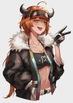  1girl :d absurdres ahoge arknights bandeau bangs black_jacket blush breasts cleavage commentary croissant_(arknights) cropped_torso eyebrows_visible_through_hair fur-trimmed_jacket fur_trim gloves green_eyes grey_background hair_between_eyes halterneck hand_in_pocket hand_up highres horns jacket kurisustinah long_hair long_sleeves looking_at_viewer low_ponytail midriff navel open_clothes open_jacket open_mouth orange_hair simple_background smile solo stomach tongue upper_body v visor_cap 