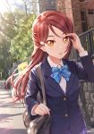  1girl :0 adjusting_hair bag bangs blue_jacket blue_neckwear blue_skirt blue_sky blush bow bowtie building eyebrows_visible_through_hair fence hair_blowing hair_ornament hairclip highres jacket long_hair long_sleeves looking_at_viewer love_live! love_live!_sunshine!! open_mouth outdoors parted_bangs pleated_skirt red_hair sakurauchi_riko school_bag school_uniform shamakho shirt sign signature skirt sky solo stone_wall tree tree_branch upper_body wall white_shirt yellow_eyes 